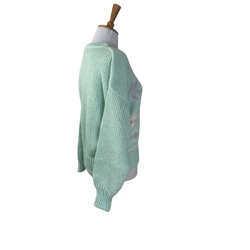 Vintage 80s Mint Green Pastel Knit Sweater Soft Cozy Retro M/L